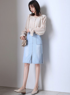 Trendy Washed Denim High Waist Split Sheath Skirt