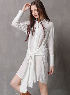 Lace Splicing Lapel Tie-waist Shirt Dress