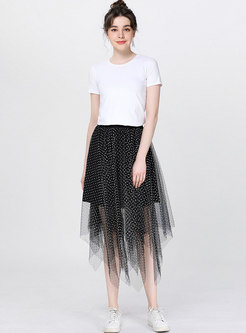 Vintage Asymmetric Mesh Polka Dot A Line Skirt