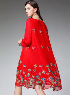 Chiffon Embroidered O-neck Loose Midi Dress