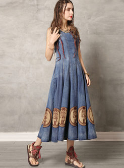 Vintage Denim O-neck Embroidered Sleeveless Maxi Dress