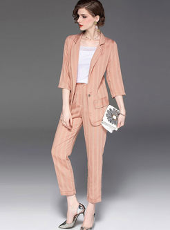 Notched Three Quarters Sleeve Striped Suit