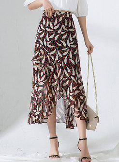 Fashion Floral Print Asymmetric Chiffon Skirt