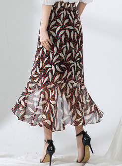 Fashion Floral Print Asymmetric Chiffon Skirt