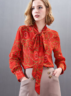 Trendy Print Tie-collar Single-breasted Blouse
