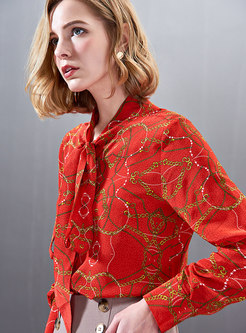 Trendy Print Tie-collar Single-breasted Blouse