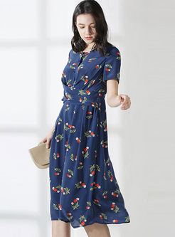 O-neck Short Sleeve Cherry Print Dress