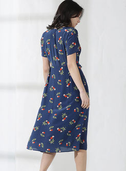 O-neck Short Sleeve Cherry Print Dress