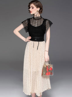 Sweet Standing Collar Splicing Lace Dress