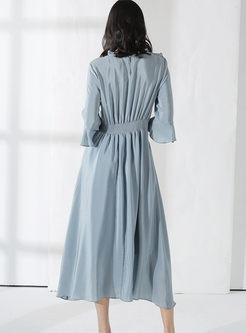 O-neck Falbala Solid Color Silk Dress
