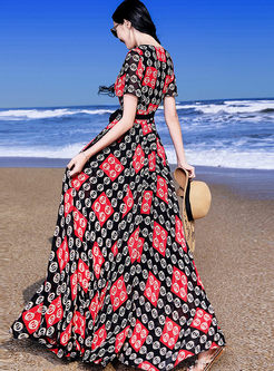Bohemian V-neck Print Plaid Chiffon Dress