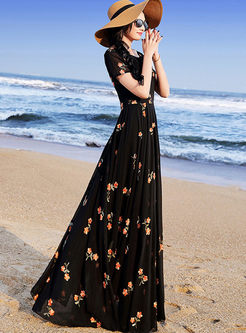 O-neck Short Sleeve Print Big Hem Beach Maxi Dress