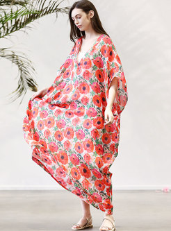 V-neck Plus-size Print Loose Maxi Dress