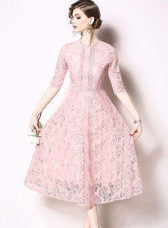 Pink Openwork Lace A Line Dress