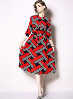 Three Quarters Sleeve Geometric Print Dress