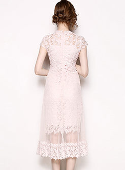 Pink Sweet Hollow Out Lace Mesh Dress