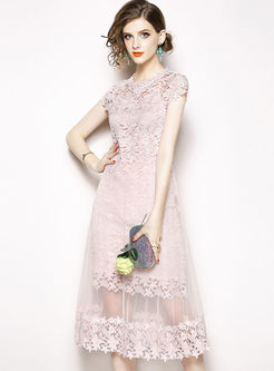 Pink Sweet Hollow Out Lace Mesh Dress