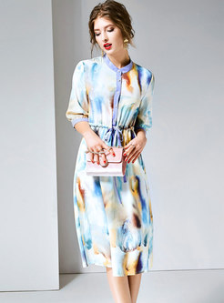 Trendy Print Stand Collar Tie-waist A Line Dress