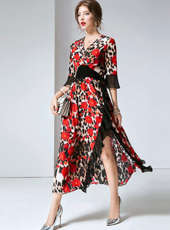 V-neck Leopard Printed Silk Slit Maxi Dress
