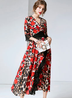 V-neck Leopard Printed Silk Slit Maxi Dress