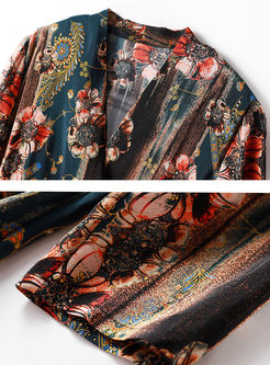 3/4 Sleeve Silk Print A Line Midi Dress