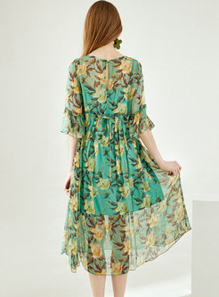 O-neck Flower Silk Tied Shift Dress With Camis