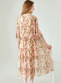 Casual Silk Print Lace Fare Sleeve Shift Dress