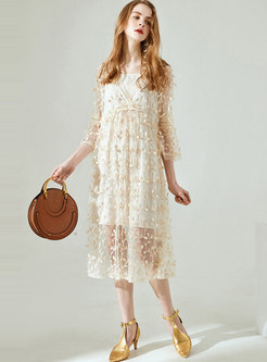 Stereoscopic Embroidered Pure Color Lace Shift Dress With Camis