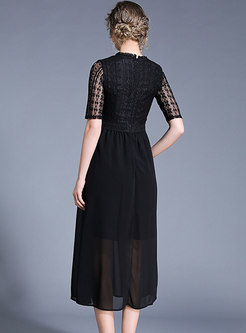 Elegant O-neck Black Lace Big Hem Dress