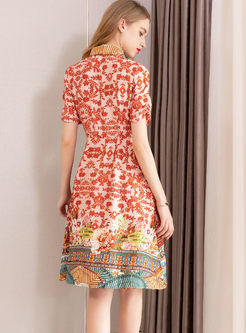 Color-blocked Lapel Waist Printed Dress