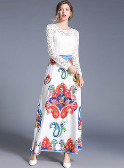 Lace Patchwork Print Big Hem Maxi Dress