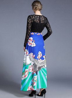 Lace Patchwork High Waisted Print Maxi Dress