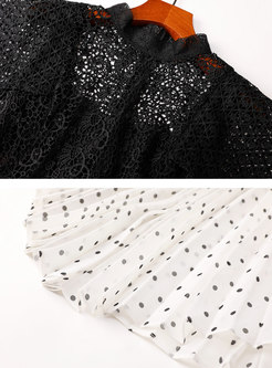 Styllish Perspective Splicing Polka Dot Pleated Dress