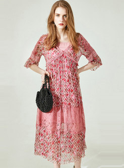 Stylish Lace Embroidered Splicing Silk Shift Dress