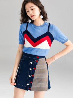 Fashion Color-blocked Knitted Top & Plaid A Line Skirt