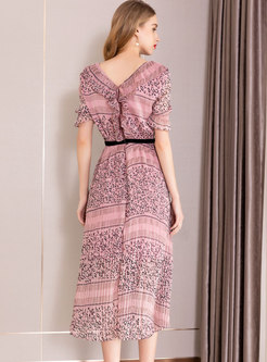 Trendy V-neck Print Gathered Waist Maxi Dress