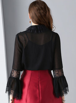 Elegant Black Hollow Out Lace Flare Sleeve Blouse