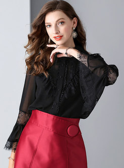 Elegant Black Hollow Out Lace Flare Sleeve Blouse