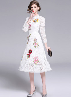 Elegant Lace Embroidered O-neck A Line Dress