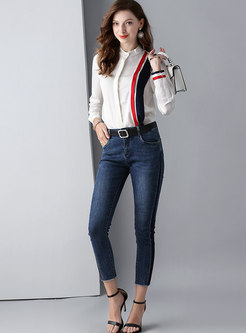 Elegant Color-blocked Stand Collar Blouse