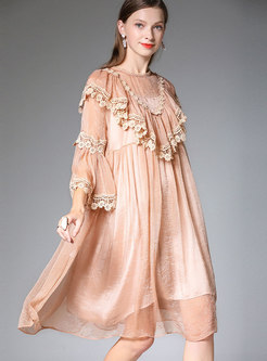 Chiffon Splicing Lace Pure Color Shift Dress