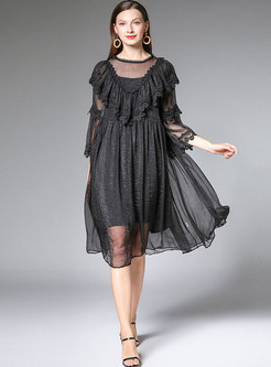 Black Plus-size Embroidered Splicing Shift Dress