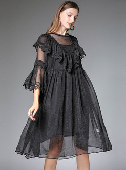 Black Plus-size Embroidered Splicing Shift Dress