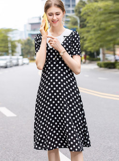 Elegant Polka Dot Gathered Waist Slim Skater Dress