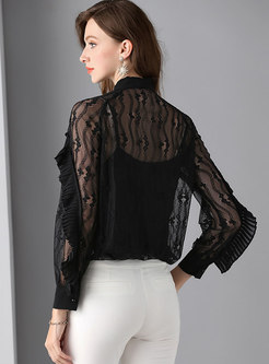 Sexy Lace Splicing Tie-collar Falbala Blouse With Cami
