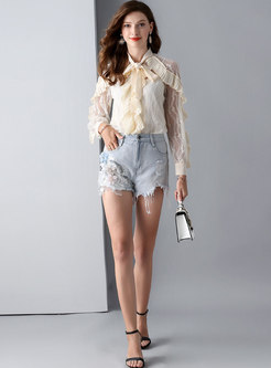 Sexy Lace Splicing Tie-collar Blouse With Cami