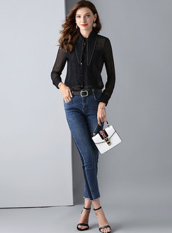 Lace Splicing Lapel Asymmetric Single-breasted Blouse