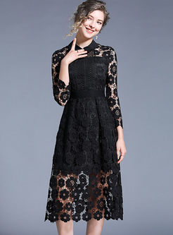 Sexy Black Lace Lapel A Line Dress