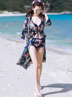 Chic Printed Halter Bowknot Cover-up Swimwear