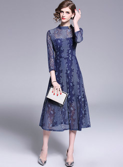 Lace Stand Collar Hollow Out A Line Dress